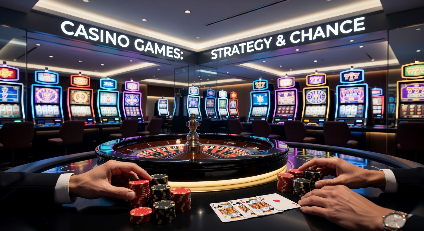 Vibrant casino floor with roulette wheels, slot machines, and card tables buzzing with activity