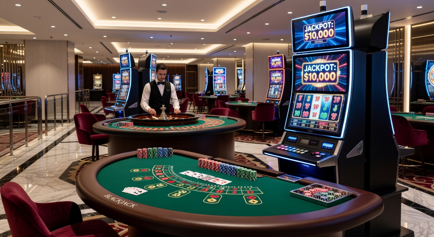 Close-up of a blackjack table mid-hand, chips stacked high and dealer revealing an ace
