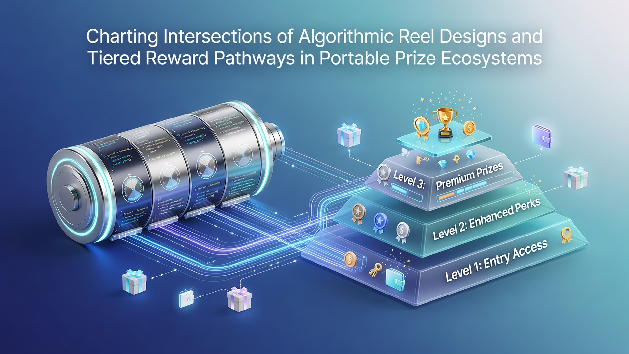 Visual representation of algorithmic reel patterns and tiered mobile reward structures in portable prize applications
