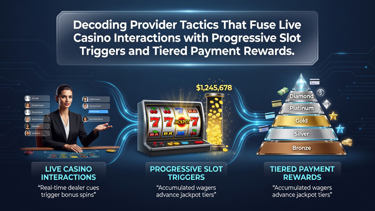 Live casino table with progressive slot overlays showing real-time triggers and tiered reward indicators