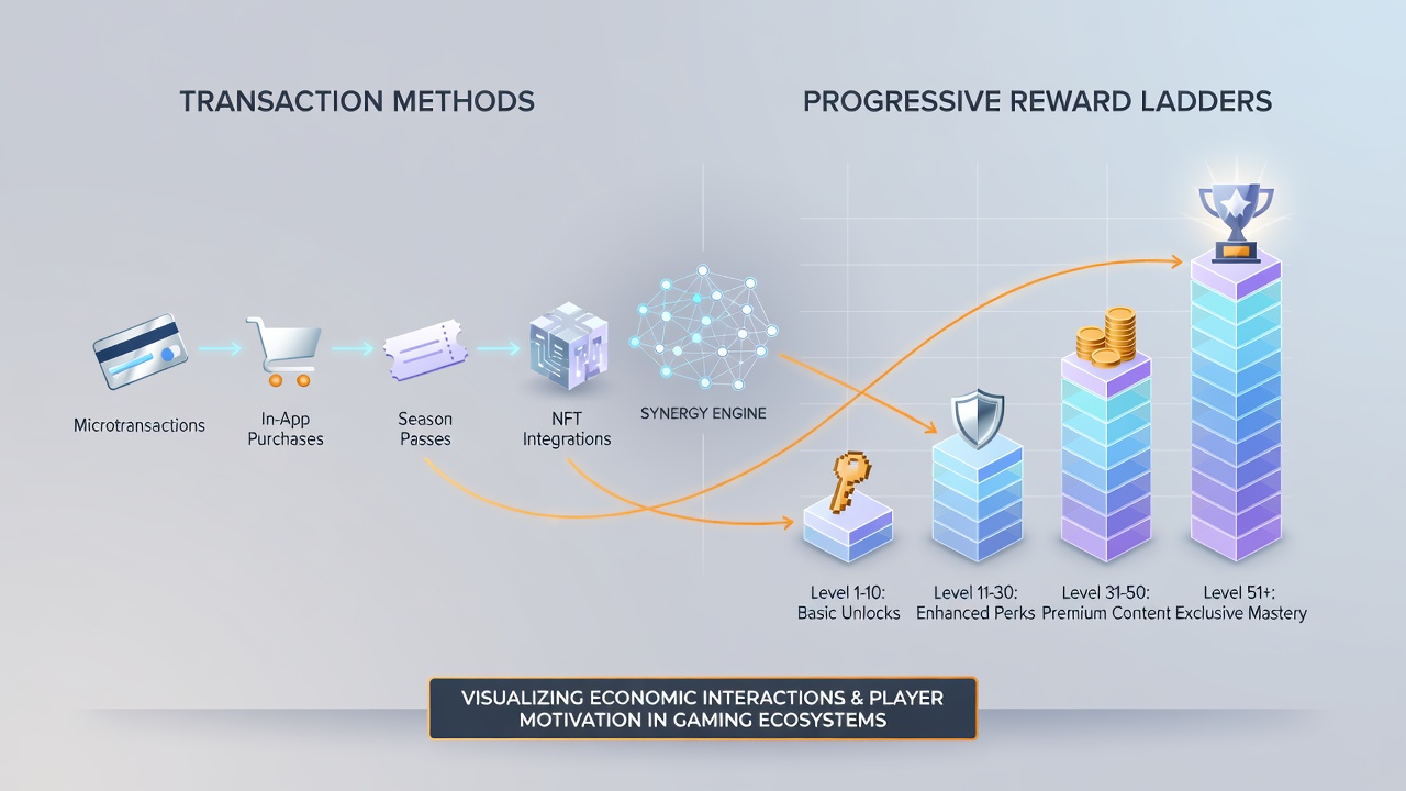 Diagram of layered reward ladders intersecting with various transaction pathways in gaming