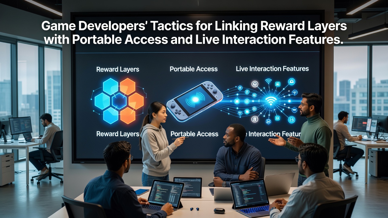 Game developers reviewing mobile reward integration dashboards with live feature overlays