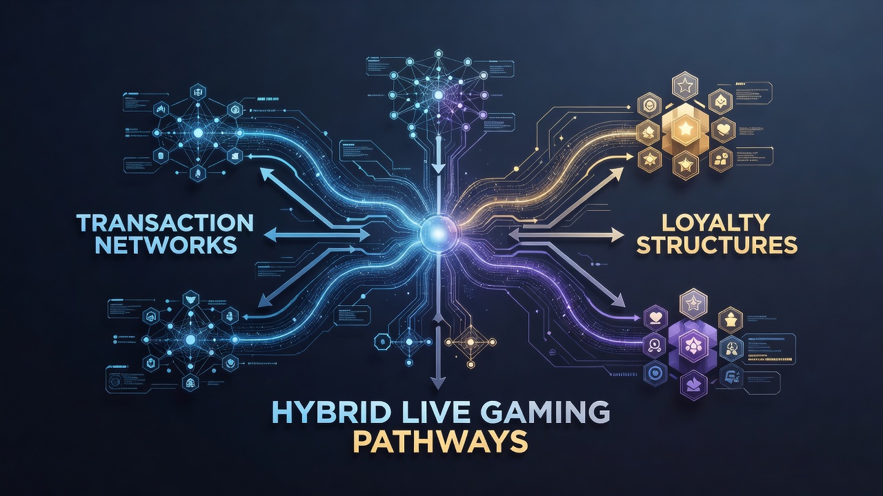 Diagram showing data flows between payment processors, loyalty databases, and hybrid live gaming interfaces
