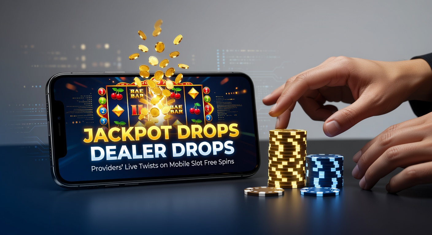 Live dealer in studio announcing a dealer drop on a split-screen mobile slot interface with spinning reels and chat overlay