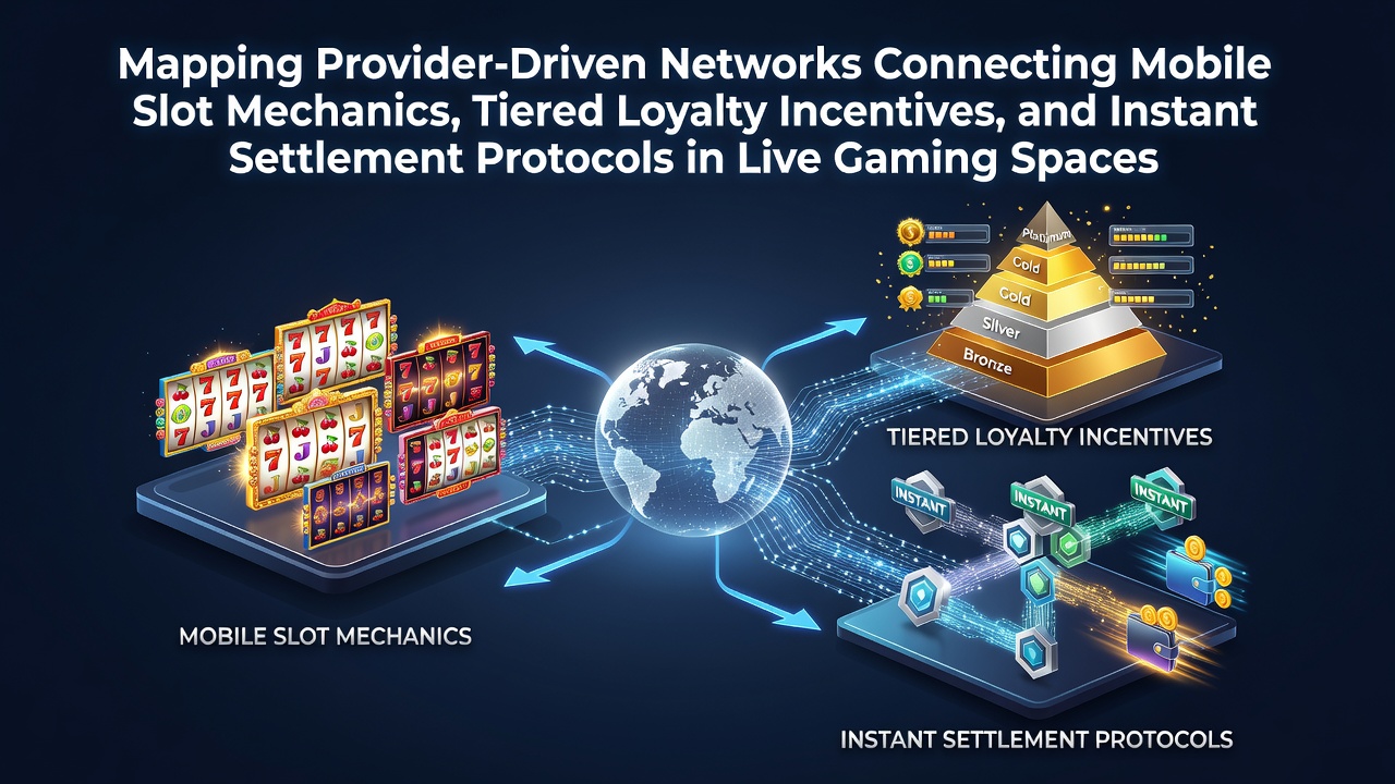 Provider network diagram showing connections between mobile slots, loyalty tiers, and instant settlements