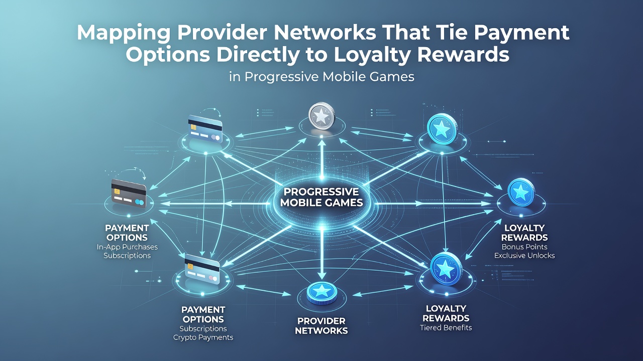 Network diagram showing payment flows connected to loyalty reward systems in mobile progressive games