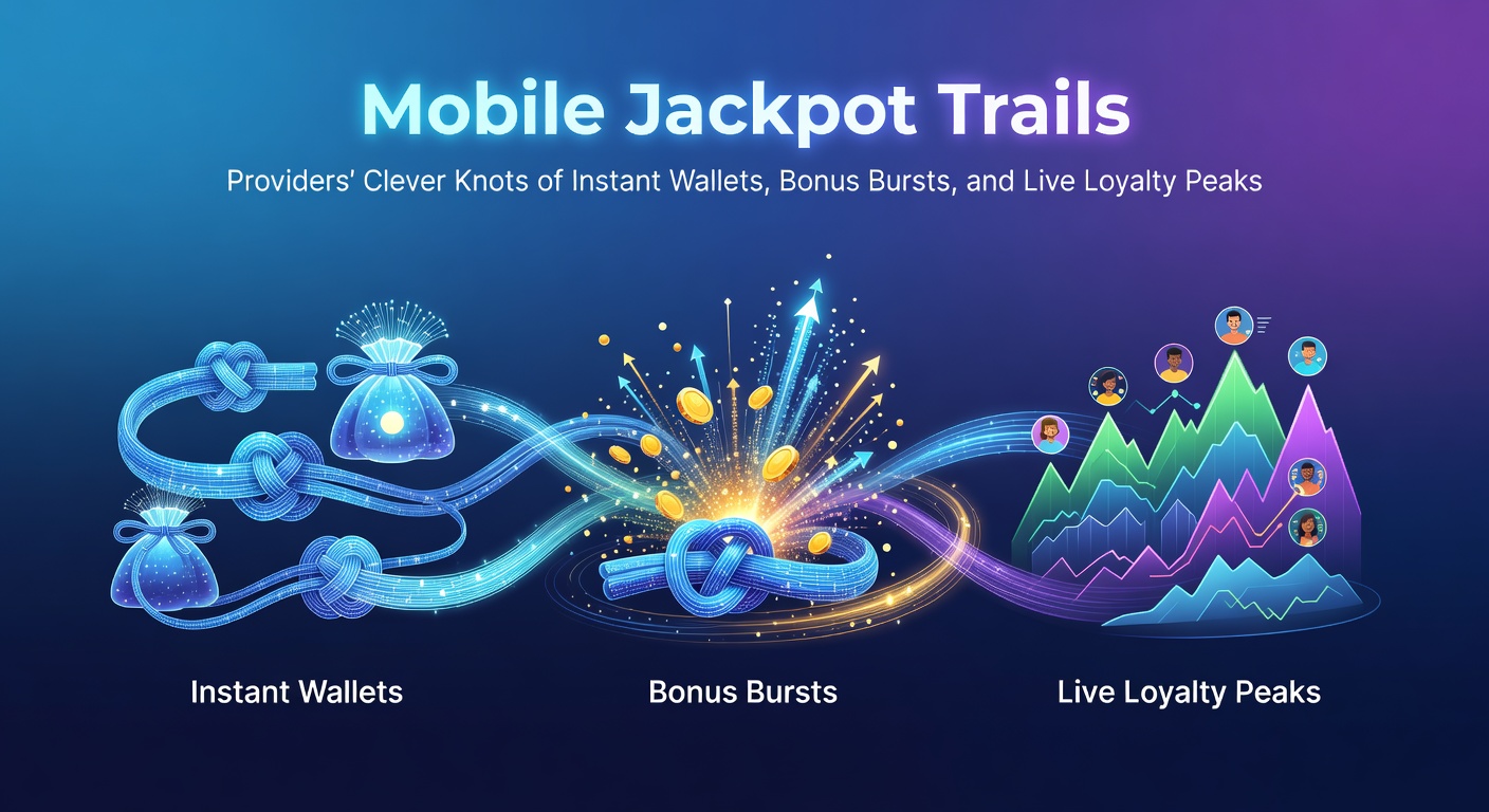 Vibrant mobile screen displaying a jackpot trail path winding through glowing wallets, exploding bonus icons, and peaking loyalty meters in a dynamic slot game interface