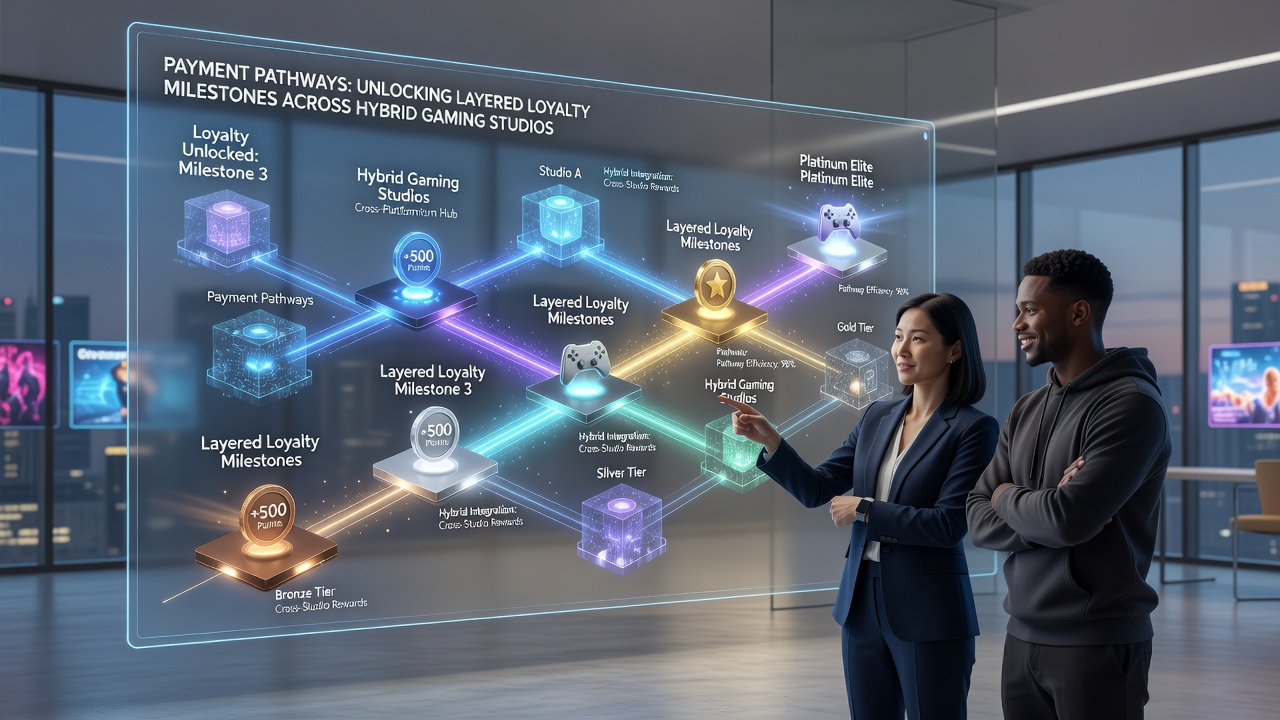 Detailed view of loyalty milestone dashboard with payment flow indicators in a hybrid casino studio