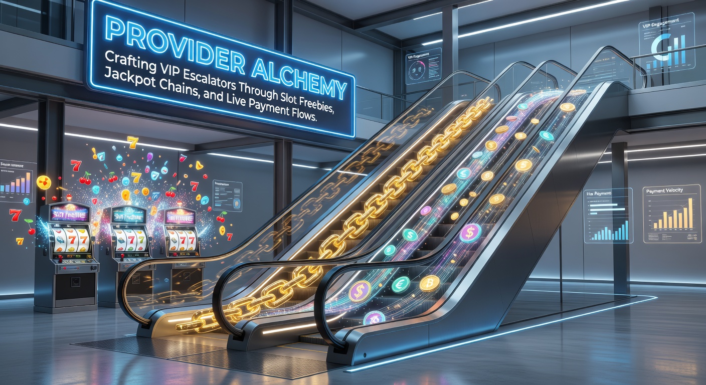 Vibrant digital illustration showing a golden alchemy vial pouring slot symbols, jackpot chains, and flowing payment streams into a rising VIP ladder structure