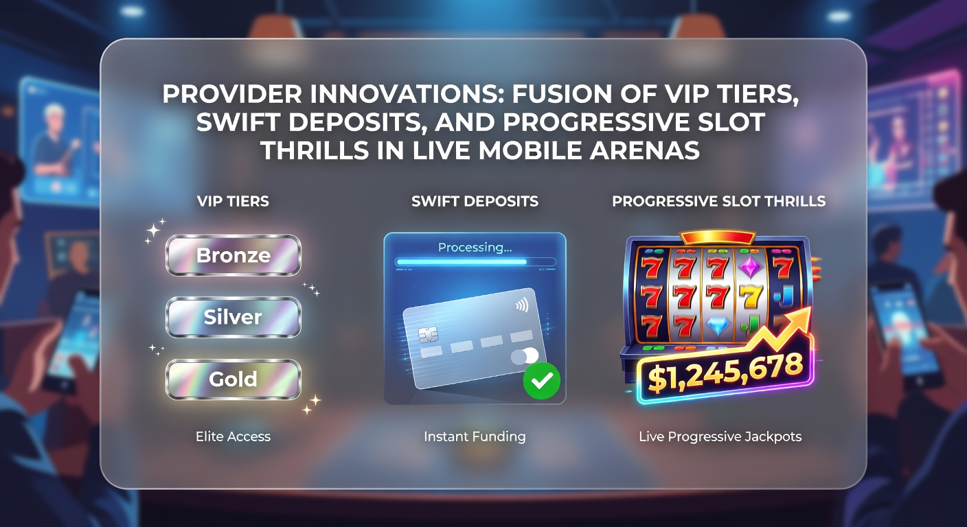 Dynamic illustration of a mobile screen showing VIP tiers overlayed on live dealer progressive slots with instant deposit icons