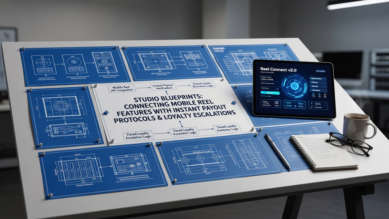 Studio blueprints showing mobile reel mechanics linked to instant payouts and loyalty systems