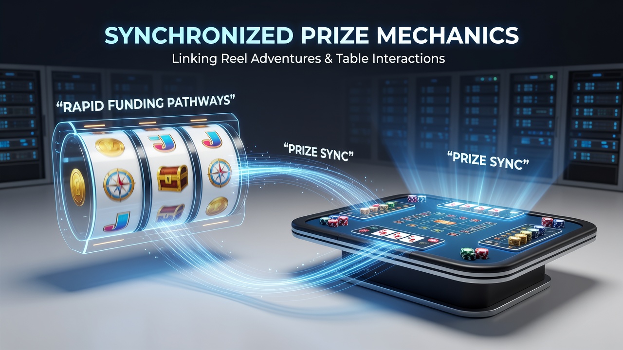 Illustration of synchronized prize mechanics linking slot reels and table games via instant funding pathways