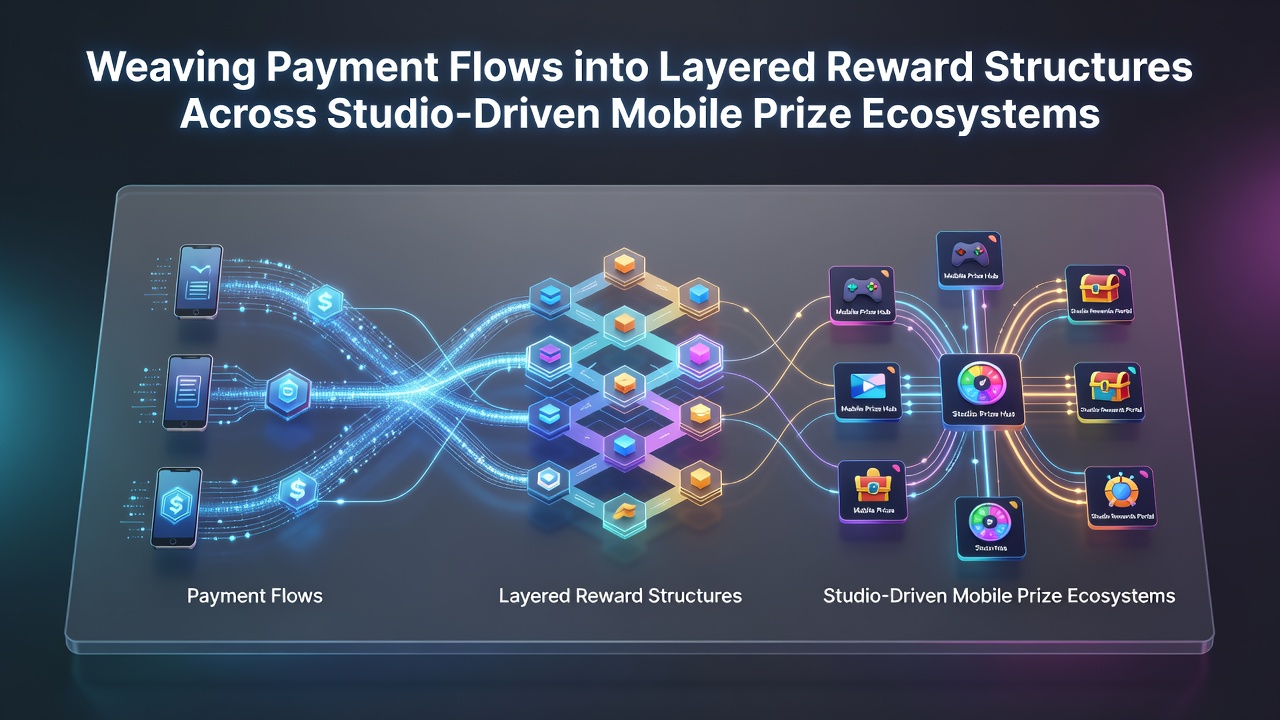 Mobile prize app interface showing layered rewards and instant payment confirmation on a smartphone screen