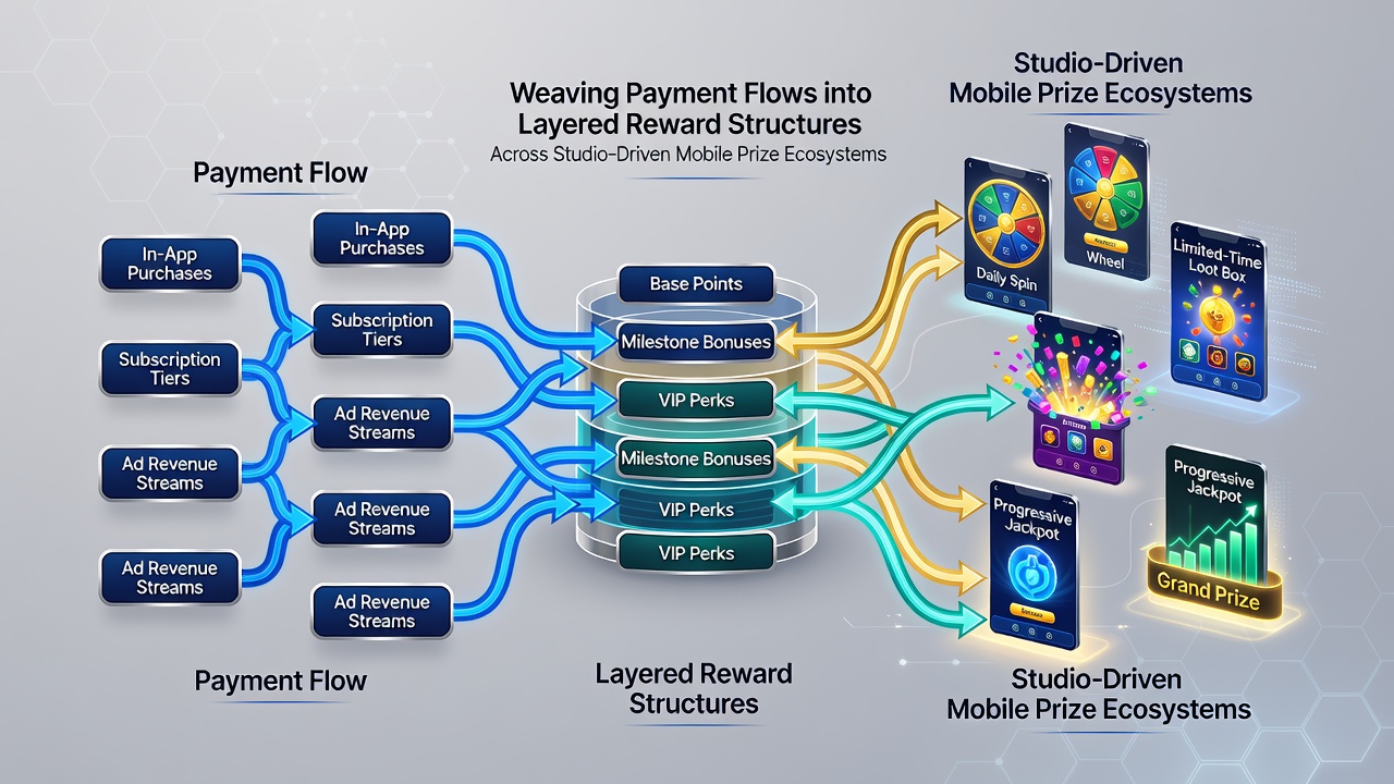 Dashboard view of layered reward tiers connected to real-time payment processing in a mobile gaming studio environment
